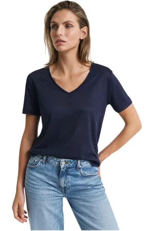 GANT Top, Dame, Blå, S, Linned, V-hals T-shirt i linned Even