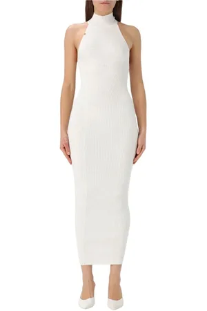 Elisabetta Franchi Kjole, Dame, Hvid, M, Elegant Ivory Ribbed Knit Kjole