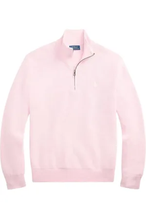 Ralph Lauren Strik, Herre, Lyserød, XL, Bomuld, Halvzip Pærler Strikket Bomuldssweater - Rosa