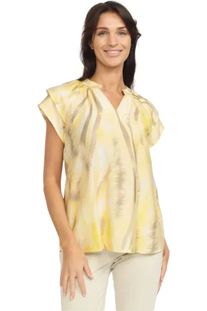 2-Biz Bluser & Skjorter, Dame, Gul, M, Nylon, Gul Plet Bluse med Abstrakt Print