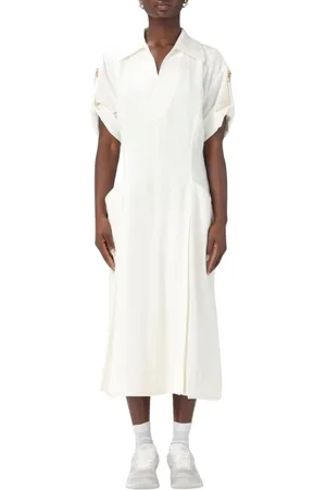 Bottega Veneta Kjole, Dame, Hvid, S, Elegant Midi Kjole med Lommer