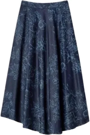 Twin-Set Nederdel, Dame, Blå, M, Denim, Blomstret lang denim nederdel