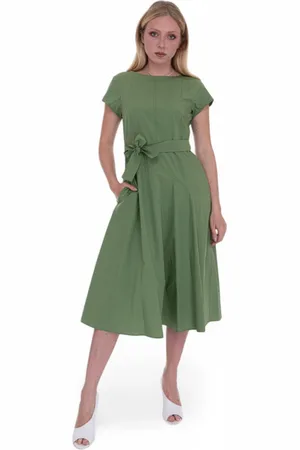 Max Mara Kjole, Dame, Grøn, S, Bomuld, Flared Midi Kjole med Taljeret