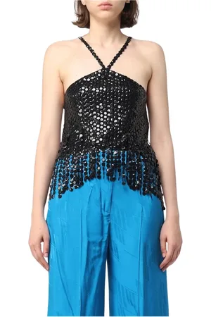 The Attico Top, Dame, Sort, 2XS, Uld, Sort Sequin Halter Top Med Frynsekant