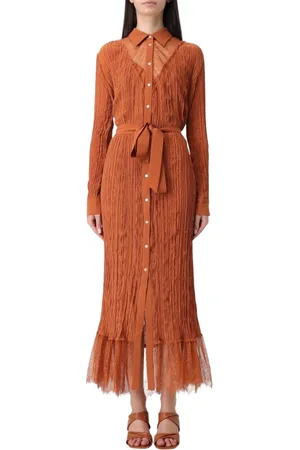 Pinko Kjole, Dame, Brun, S, Elegant Midi Kjole med Blonder