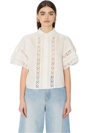 Berenice Bluser & Skjorter, Dame, Hvid, XS, Bomuld, Cellie Hvid Chemise med Blomstret Hækling