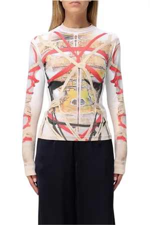 Y / PROJECT Top, Dame, Flerfarvet, L, Beige Langærmet Top med Rebtryk