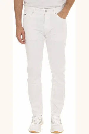 HUGO BOSS Jeans, Herre, Hvid, W35, Denim, 5-lomme Denim Jeans med Logo Detaljer
