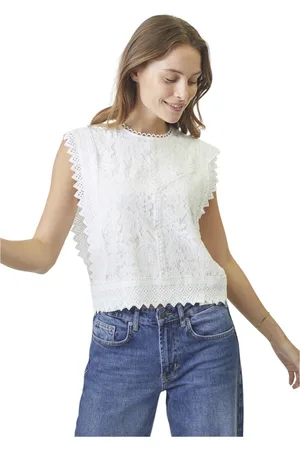 Co`Couture Top, Dame, Hvid, XS, Bomuld, Blonde top med broderede detaljer