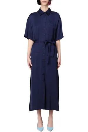 Kaos Kjole, Dame, Blå, L, Elegant Midi Kjole med Flæsekanter