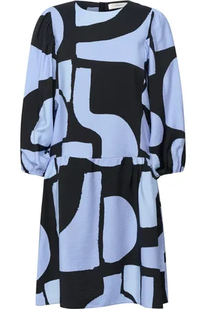 INWEAR Kjole, Dame, Blå, XS, Uld, Blå Soft Blocks Kjole med Pufærmer