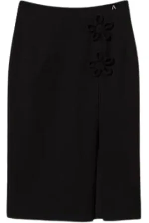 Twin-Set Nederdel, Dame, Sort, XS, Tætsiddende lang nederdel med blomsterapplikation