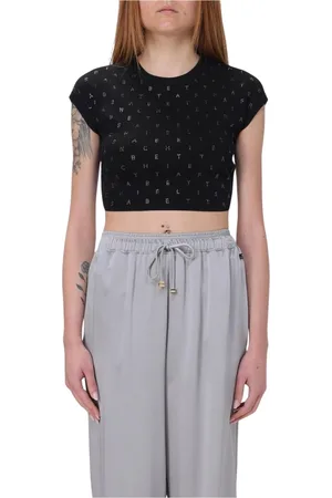 Elisabetta Franchi Top, Dame, Sort, L, Polyester, Gul Rhinestone Crop Top