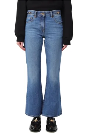 VERSACE Jeans, Dame, Blå, W28, Bomuld, Elegant Blå Flare Jeans med Medusa Taljebånd