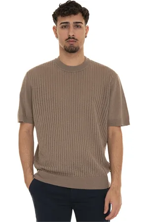 HUGO BOSS Strik, Herre, Brun, S, Bomuld, Rundhalset pullover med korte ærmer