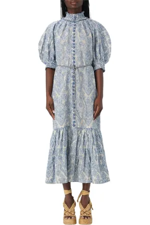 ZIMMERMANN Kjole, Dame, Blå, M, Bomuld, Elegant Damask Print Midi Kjole