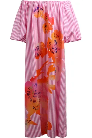 Essentiel Antwerp Kjole, Dame, Lyserød, L, Uld, Stribet Off-Shoulder Maxi Kjole med Blomsterpynt