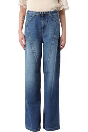Twin-Set Jeans, Dame, Blå, W30, Uld, Stilfulde Wide Leg Jeans med Bælte