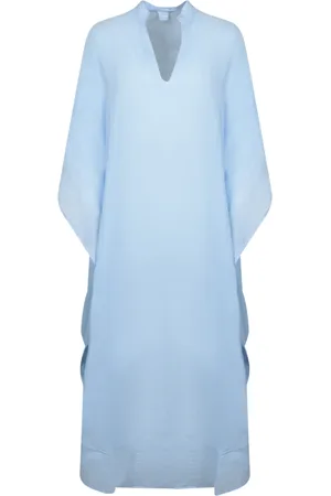 120% Lino Kjole, Dame, Blå, S, Linned, Blå Kaftan Kjole til Sommerdage