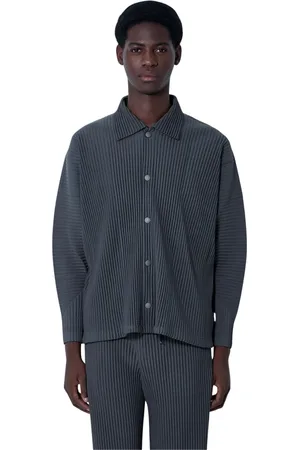 Issey Miyake Jakke, Herre, Grå, L, Polyester, Plisseret Jakke Klassisk Krave Knaplukning