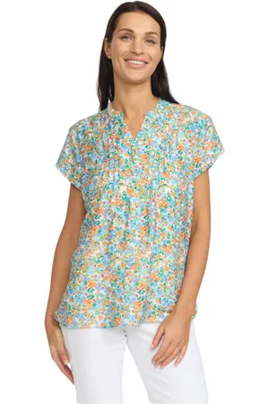 2-Biz Bluser & Skjorter, Dame, Flerfarvet, S, Uld, Farverig Blomstret Bluse med V-Hals