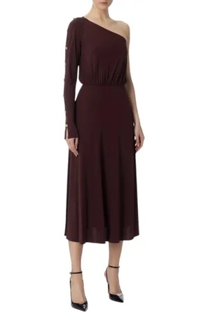 Elisabetta Franchi Kjole, Dame, Brun, M, Uld, Enskulder jersey kjole med guld knapper