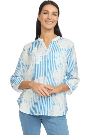 2-Biz Bluser & Skjorter, Dame, Flerfarvet, M, Uld, Blå Stribet Bluse med ¾ Ærmer