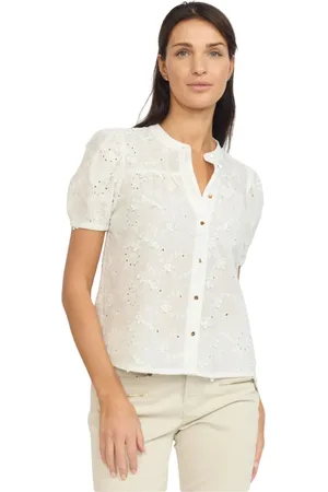 2-Biz Bluser & Skjorter, Dame, Hvid, M, Bomuld, Hvid Broderet Bluse med V-Hals