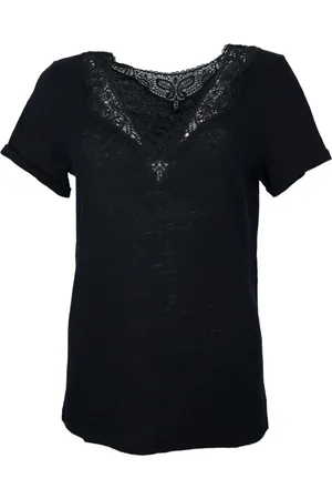 HUGO BOSS Bluser & Skjorter, Dame, Sort, L, Linned, Linned T-shirt med blonder detaljer