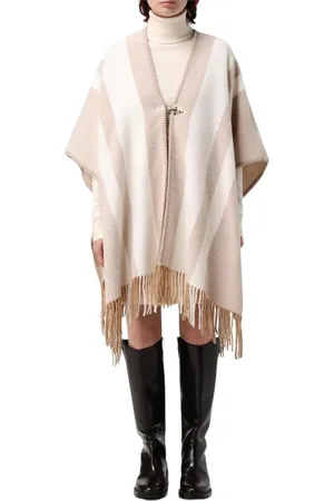 FAY Jakke, Dame, Hvid, ONE SIZE, Uld, Stribet uld poncho med frynser