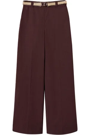 Twin-Set Bukser, Dame, Brun, XS, Bomuld, Elegante Palazzo Bukser med Raffia Bælte
