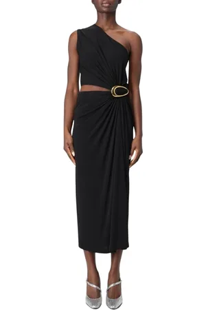 Bottega Veneta Kjole, Dame, Sort, 3XS, Uld, Elegant One-Shoulder Midi Kjole