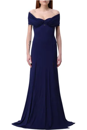 Elisabetta Franchi Kjole, Dame, Blå, XL, Uld, Sort Off-Shoulder Maxi Kjole