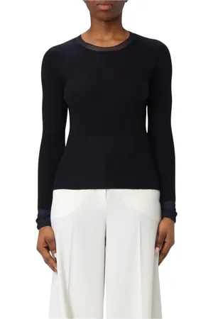 Max Mara Strik, Dame, Blå, M, Blå Ribstrikket Silke Pullover Sweater