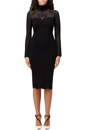 Elisabetta Franchi Kjole, Dame, Sort, XS, Elegant Sort Ribstrikket Midi Kjole