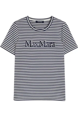 Max Mara Top, Dame, Blå, XS, Bomuld, Broderet Nancy T-shirt Ecru/Navy