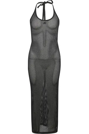 Courrèges Kjole, Dame, Sort, L, Bomuld, Bomuld Mesh Lang Kjole med Åben Ryg