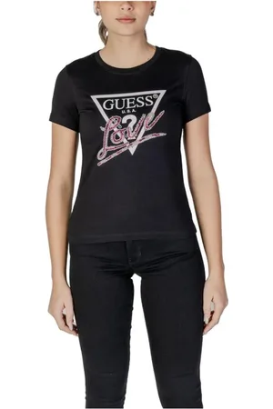 Guess Top, Dame, Sort, L, Bomuld, Sort Rhinestone Logo Tee Crew Neck