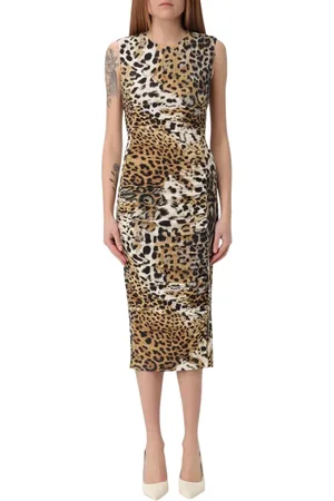 Roberto Cavalli Kjole, Dame, Brun, XS, Leopard Print Midi Kjole Elegant Stil