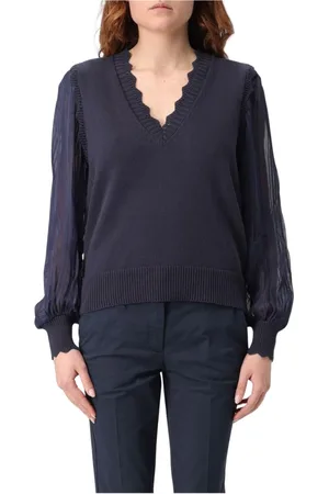 Twin-Set Strik, Dame, Blå, S, Bomuld, Perle Sheer Sleeve Strik Pullover
