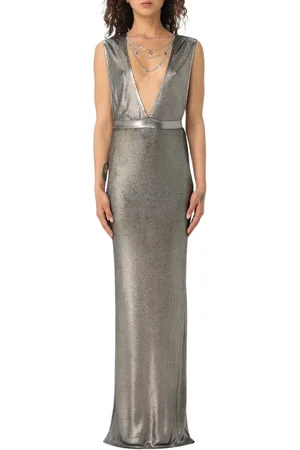 Elisabetta Franchi Kjole, Dame, Grå, M, Elegant Metallic Maxi Kjole Dyb V-hals