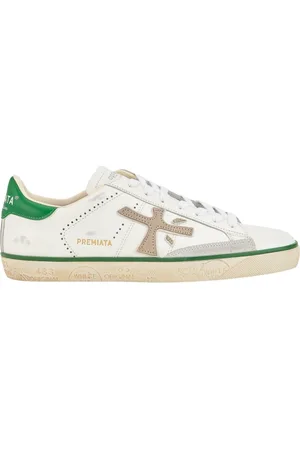 Premiata Sko, Herre, Hvid, 44 EU, Hvide Sneakers med Grønne Detaljer
