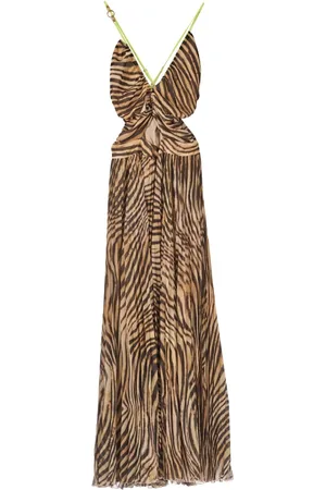 Roberto Cavalli Kjole, Dame, Brun, S, Polyester, Tiger Print Georgette Plisse Kjole
