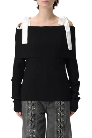 ROTATE Strik, Dame, Sort, XS, Uld, Sort Ribstrikket OffShoulder Sweater