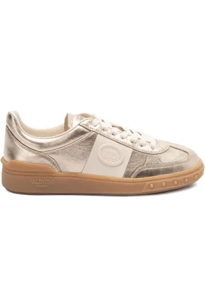 VALENTINO Sko, Dame, Gul, 38 EU, Uld, Guld-tone Læder Sneakers med Logo Paneler