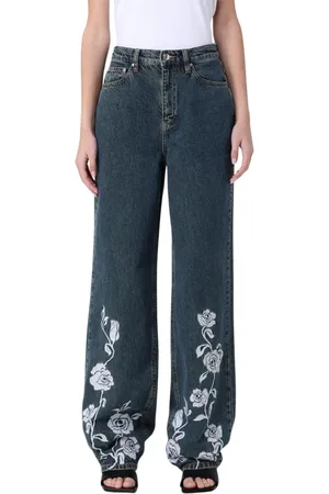 ROTATE Jeans, Dame, Blå, W27, Bomuld, Rose Print Wide Leg Jeans