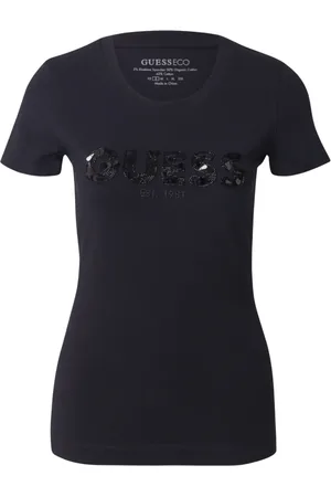 Guess Top, Dame, Blå, XS, Bomuld, Paillet Logo T-shirt Rund Hals Kort Ærme