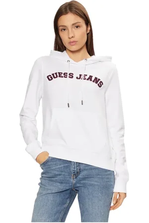 Guess Sweathshirts & Hoodies, Dame, Hvid, L, Bomuld, Elastisk Strik Hættetrøje med Kængurulomme