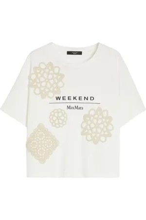 Max Mara Top, Dame, Hvid, L, Bomuld, Hvid Bomulds T-shirt med Grafiske Detaljer