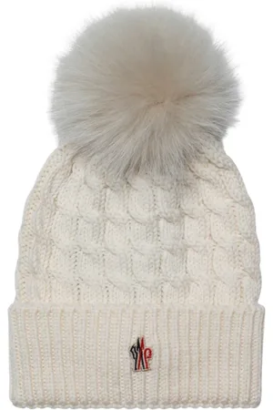 Moncler Tilbehør, Dame, Hvid, ONE SIZE, Uld, Hvid Cable Knit Beanie med Logopatch